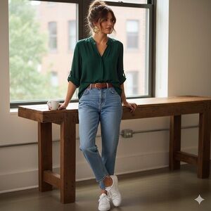 Old Navy Dark Green Rayon Tunic Blouse - Size Medium - Long Sleeve V-Neck